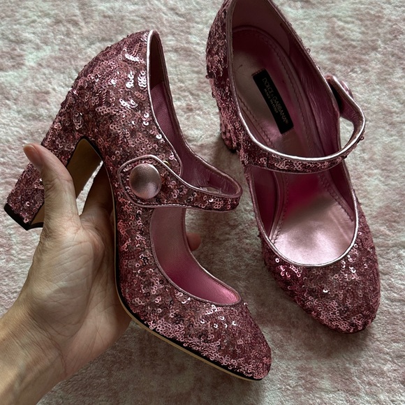 Dolce & Gabbana Pink Sequin Glitter Mary Jane Heels 37 - Picture 1 of 13
